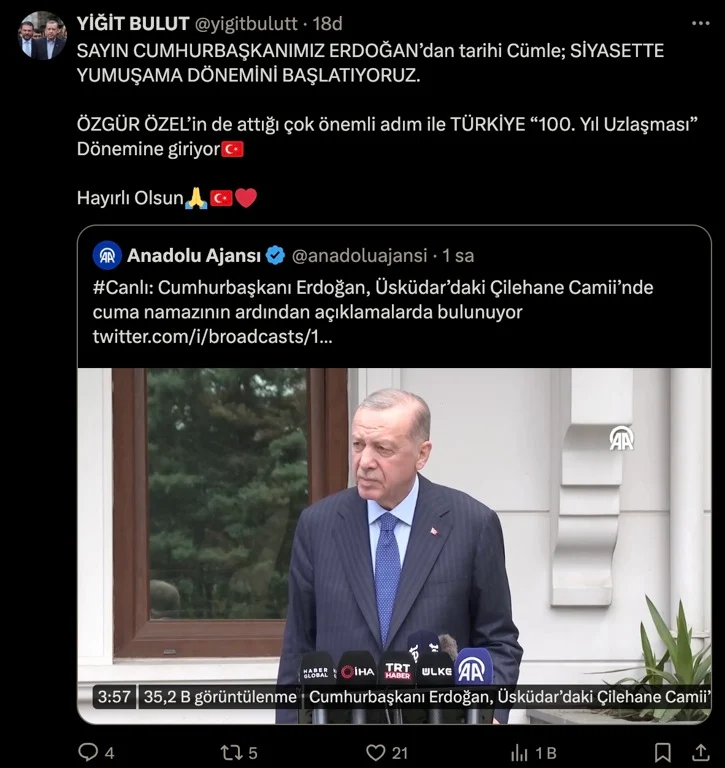 Erdogan In Yumusama Mesajina Saray Dan Ilk Yorum Turkiye 100 Yil Uzlasmasi Donemine Giriyor